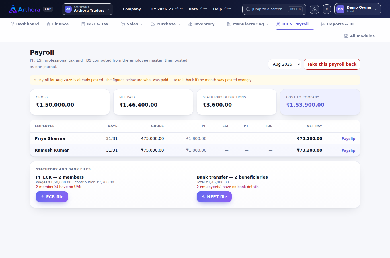 Payroll with PF, ESI and TDS