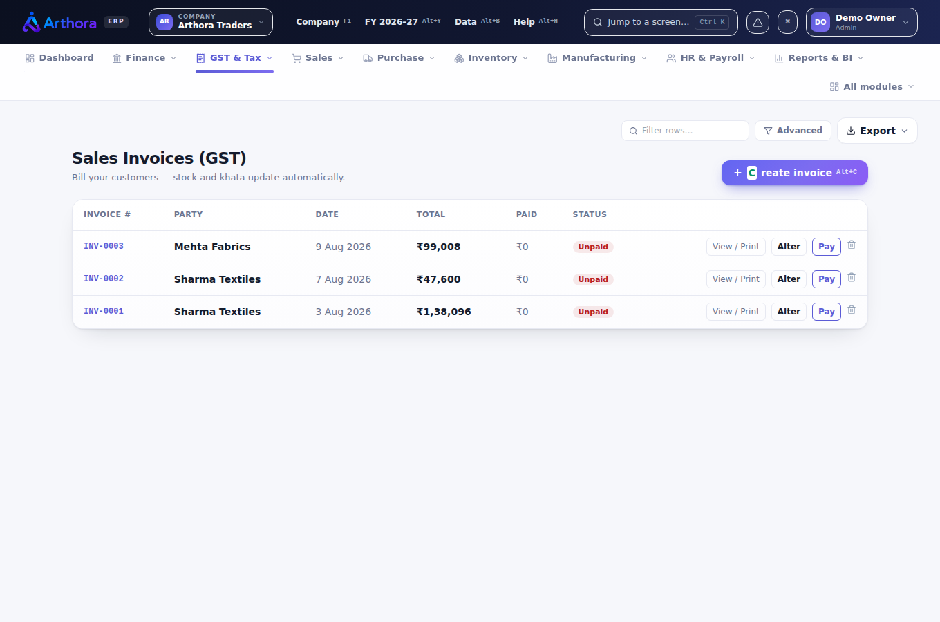 Sales invoices with the full GST breakup