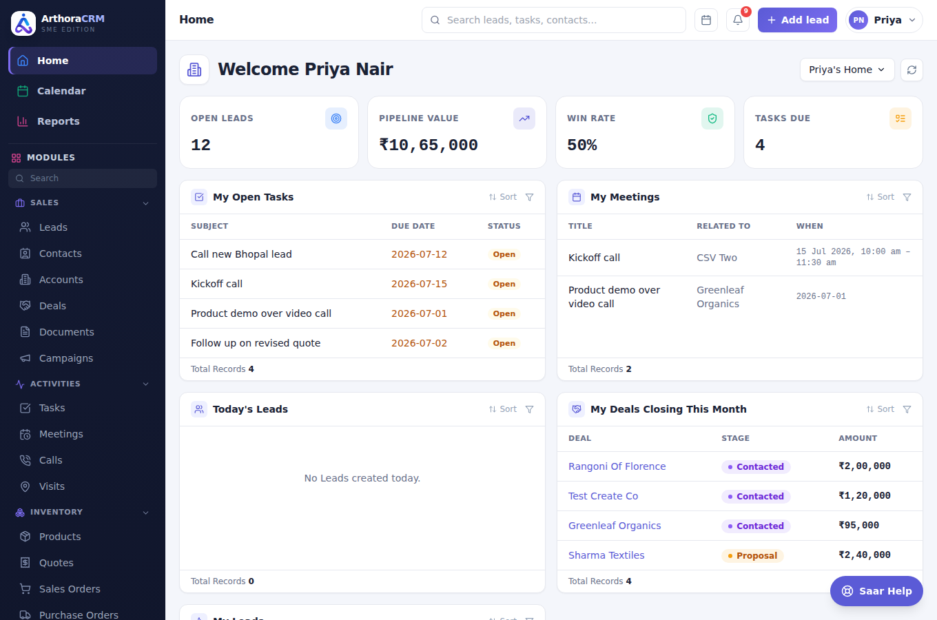 Arthora CRM dashboard